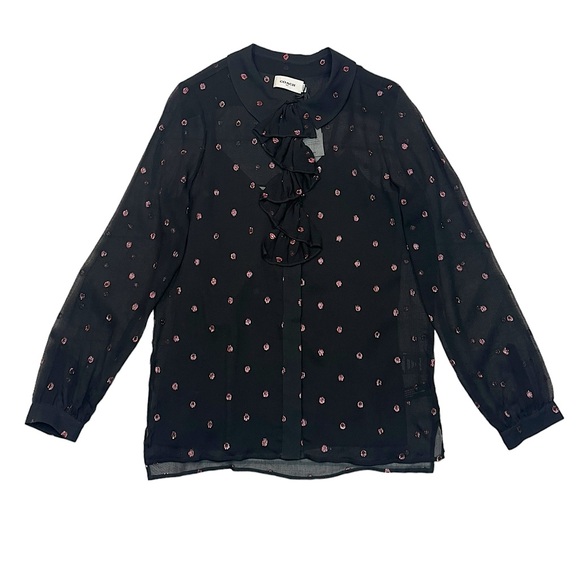 Coach Silk Blouse Black Long Sleeve Sheer Cami Ruffle Front Button Down Top New! - Picture 2 of 15